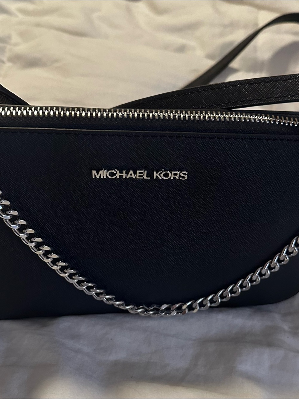 Michael Kors Black Saffiano Crossbody with Silver Chain